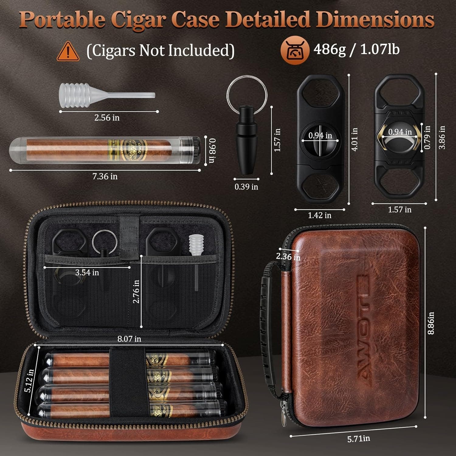 AWOTE Travel Cigar Humidor Case, Portable Cigar Bag with 4 Cigar Tubes, Leather Cigar Case Include Straight Cutter, V Cutter, Hole Puncher, Gift Set for Cigar Lovers, Lighter not included (Brown) - Thumbnail 3