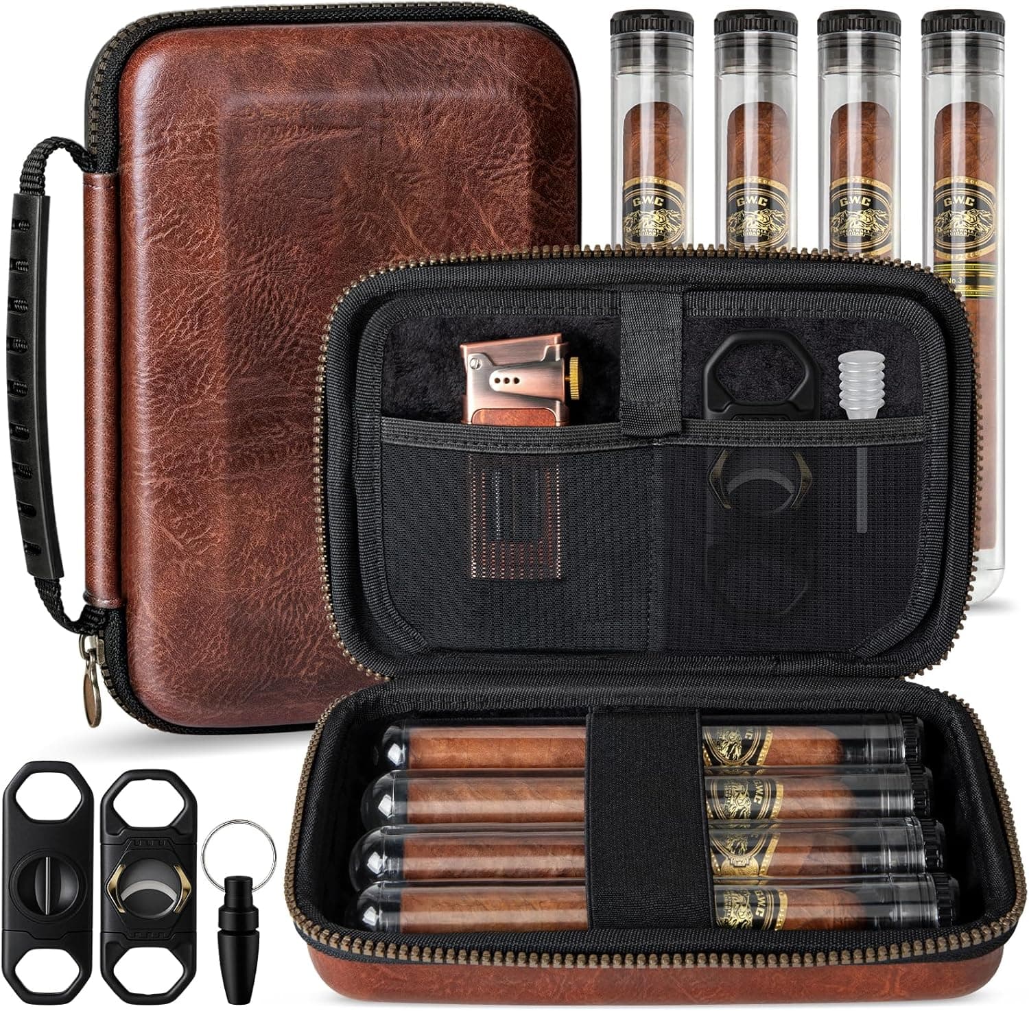 AWOTE Travel Cigar Humidor Case, Portable Cigar Bag with 4 Cigar Tubes, Leather Cigar Case Include Straight Cutter, V Cutter, Hole Puncher, Gift Set for Cigar Lovers, Lighter not included (Brown) - Thumbnail 2