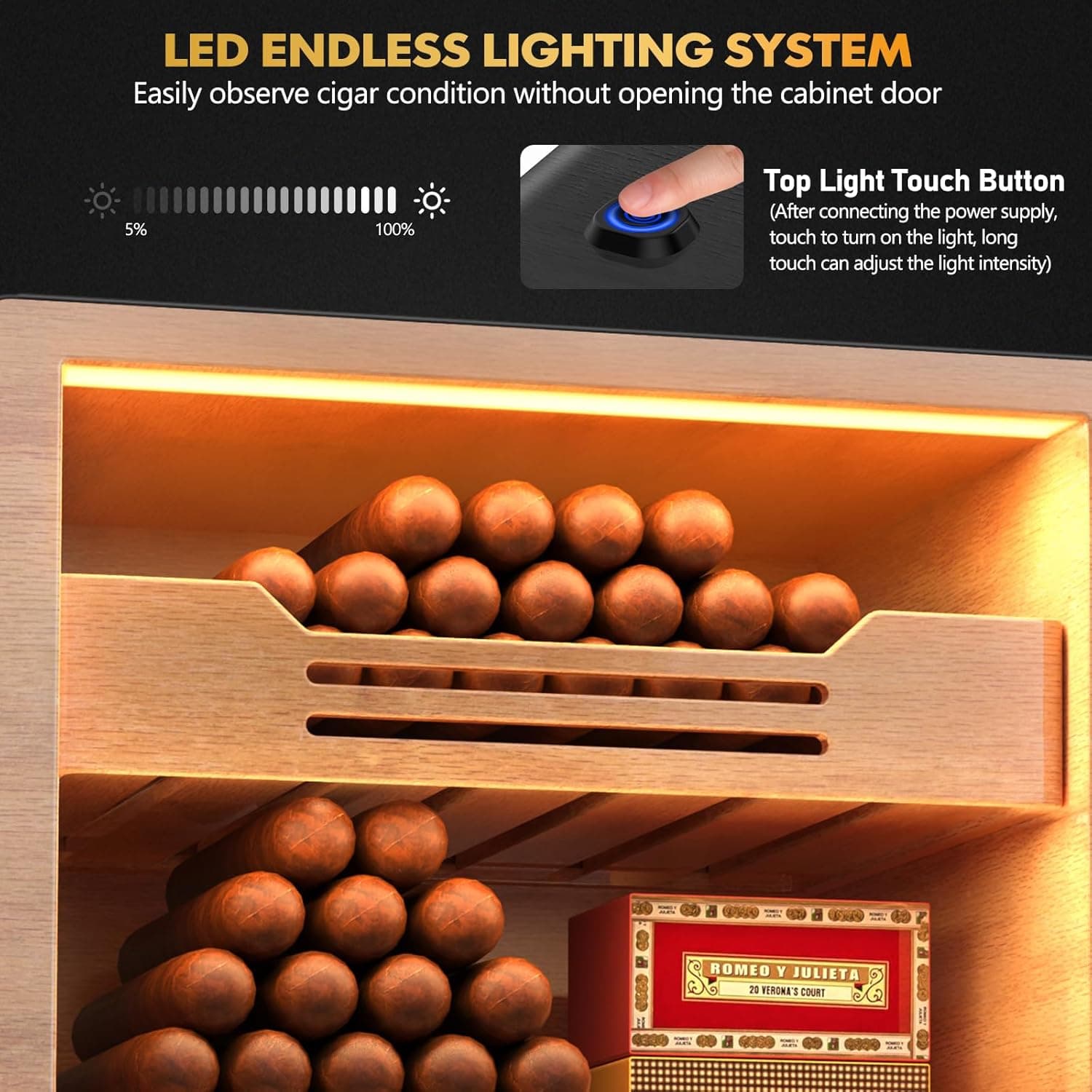 Cigar Humidor, Desktop Cigar Humidor Cabinet Light Control System with Spanish Cedar Wood Shelves, Hygrometer, 3 Humidifiers and Cigar Accessories Drawer, Father's Day Gift for Men (Walnut) - Thumbnail 2