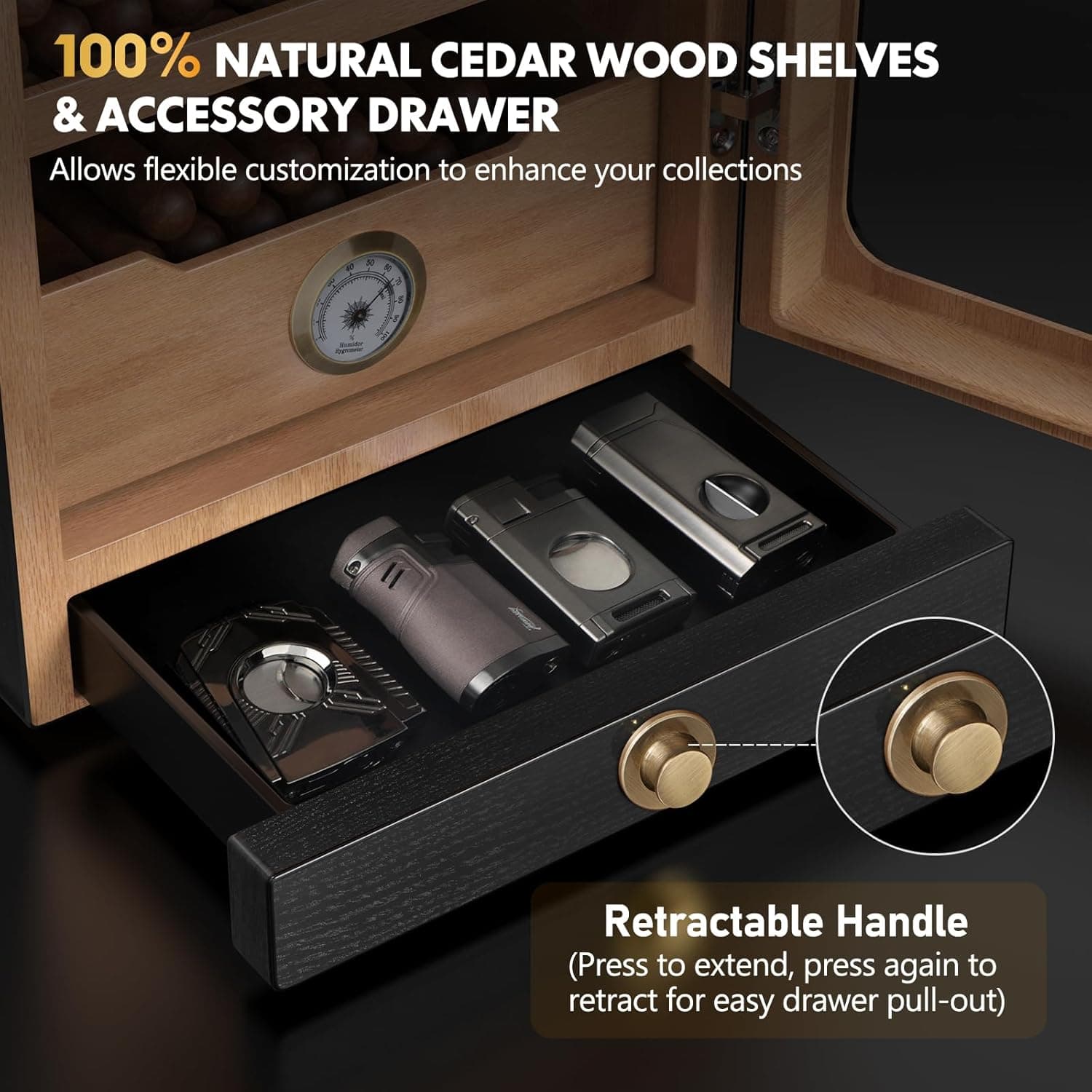 Cigar Humidor, Desktop Cigar Humidor Cabinet Light Control System with Spanish Cedar Wood Shelves, Hygrometer, 3 Humidifiers and Cigar Accessories Drawer, Father's Day Gift for Men (Walnut) - Thumbnail 4