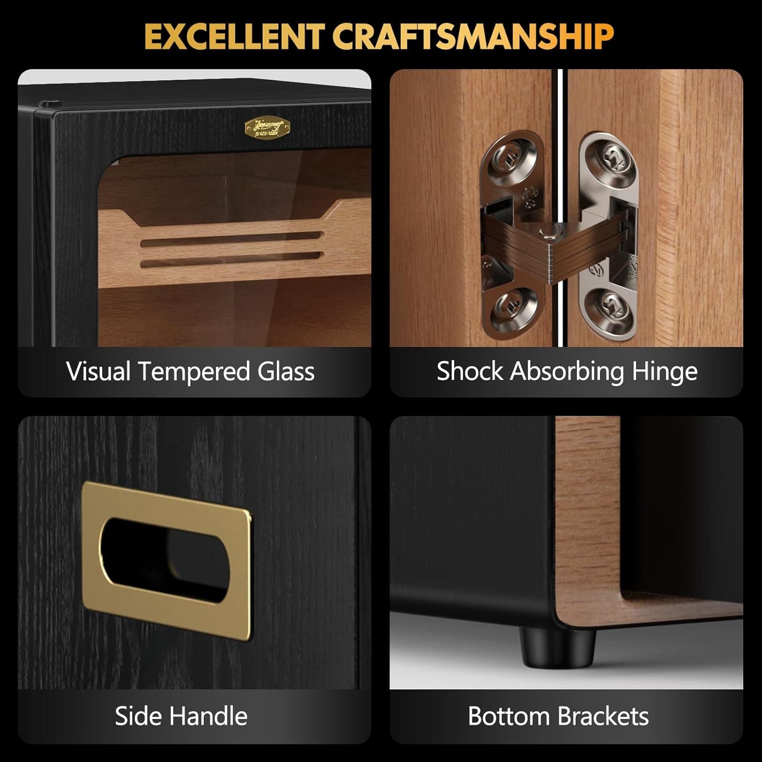 Cigar Humidor, Desktop Cigar Humidor Cabinet Light Control System with Spanish Cedar Wood Shelves, Hygrometer, 3 Humidifiers and Cigar Accessories Drawer, Father's Day Gift for Men (Walnut) - Thumbnail 3