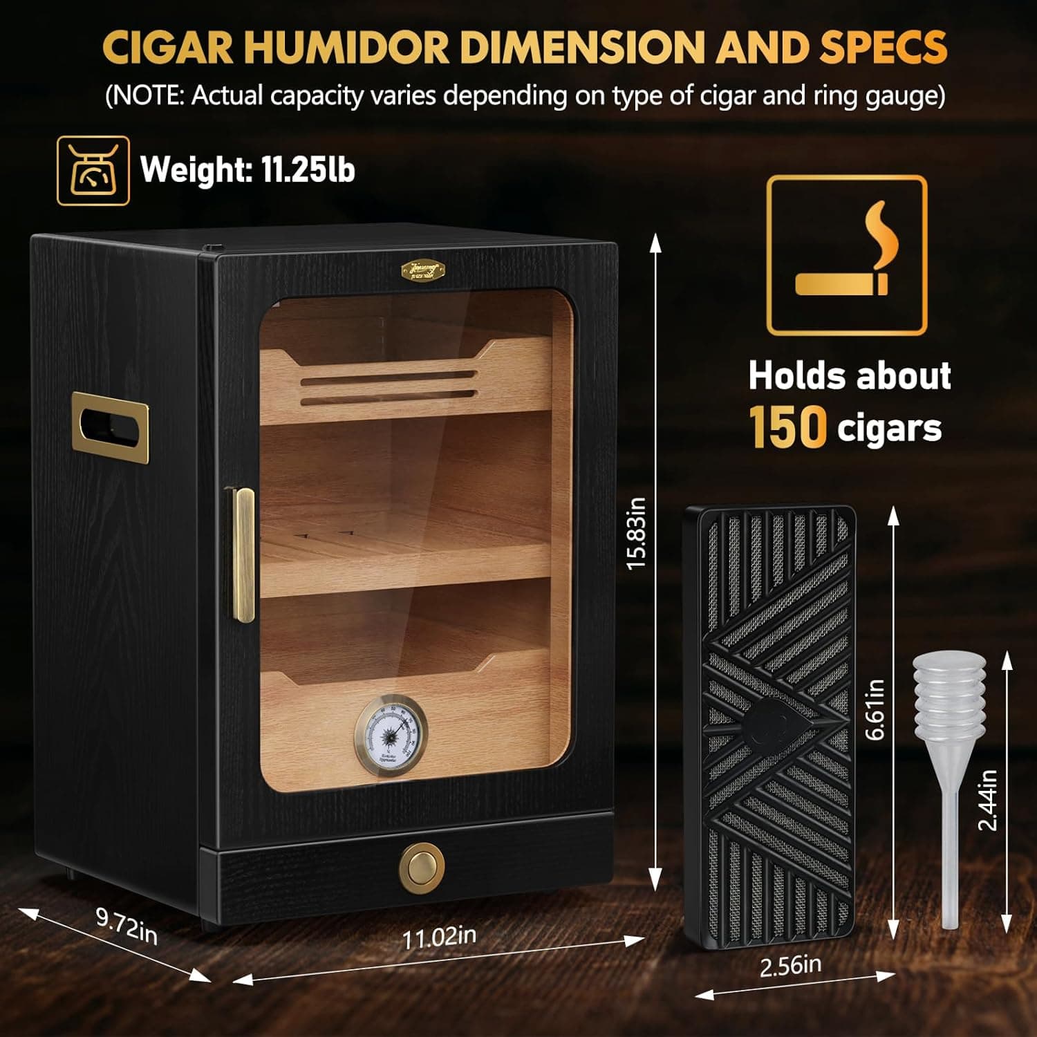 Cigar Humidor, Desktop Cigar Humidor Cabinet Light Control System with Spanish Cedar Wood Shelves, Hygrometer, 3 Humidifiers and Cigar Accessories Drawer, Father's Day Gift for Men (Walnut) - Thumbnail 7