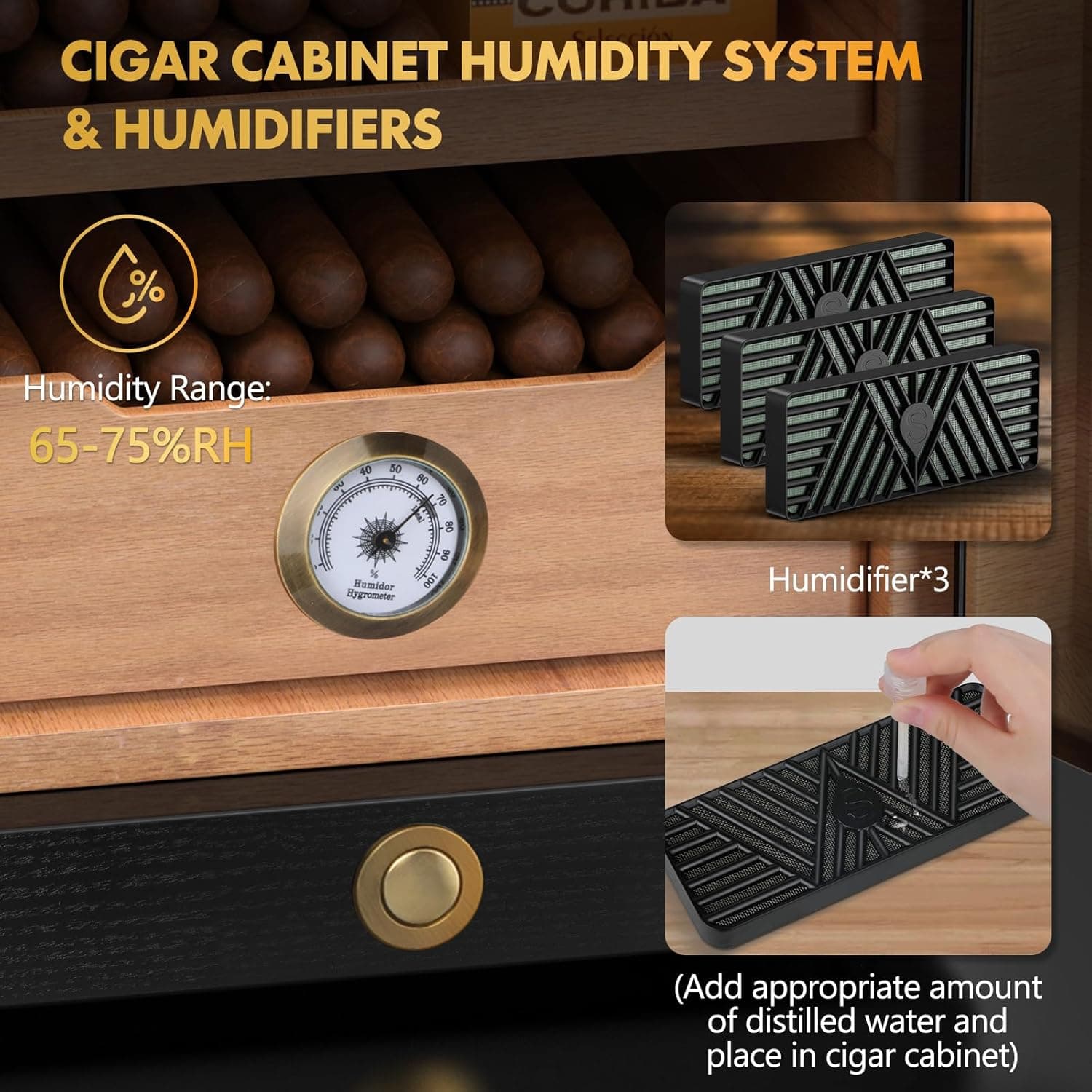 Cigar Humidor, Desktop Cigar Humidor Cabinet Light Control System with Spanish Cedar Wood Shelves, Hygrometer, 3 Humidifiers and Cigar Accessories Drawer, Father's Day Gift for Men (Walnut) - Thumbnail 6