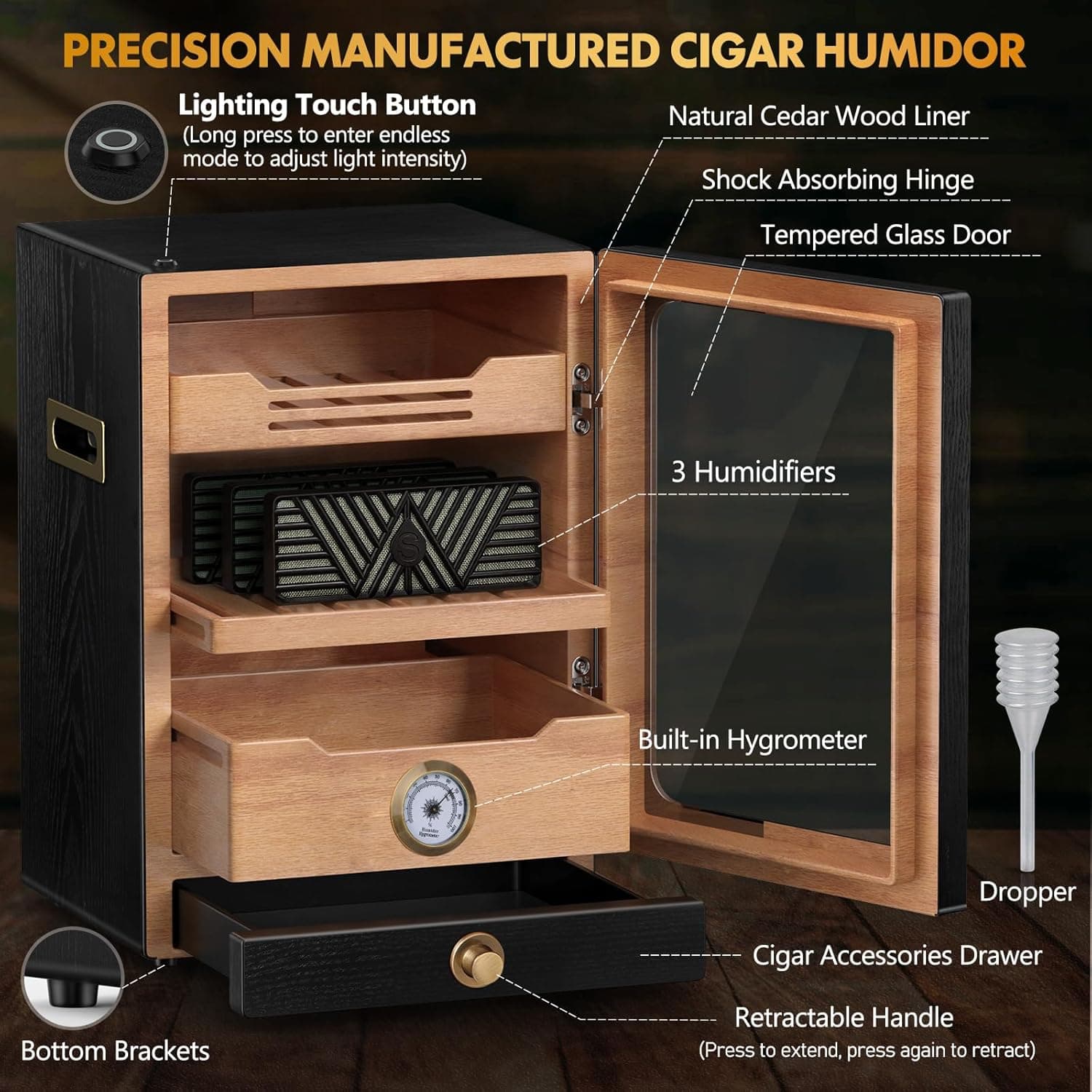 Cigar Humidor, Desktop Cigar Humidor Cabinet Light Control System with Spanish Cedar Wood Shelves, Hygrometer, 3 Humidifiers and Cigar Accessories Drawer, Father's Day Gift for Men (Walnut) - Thumbnail 8