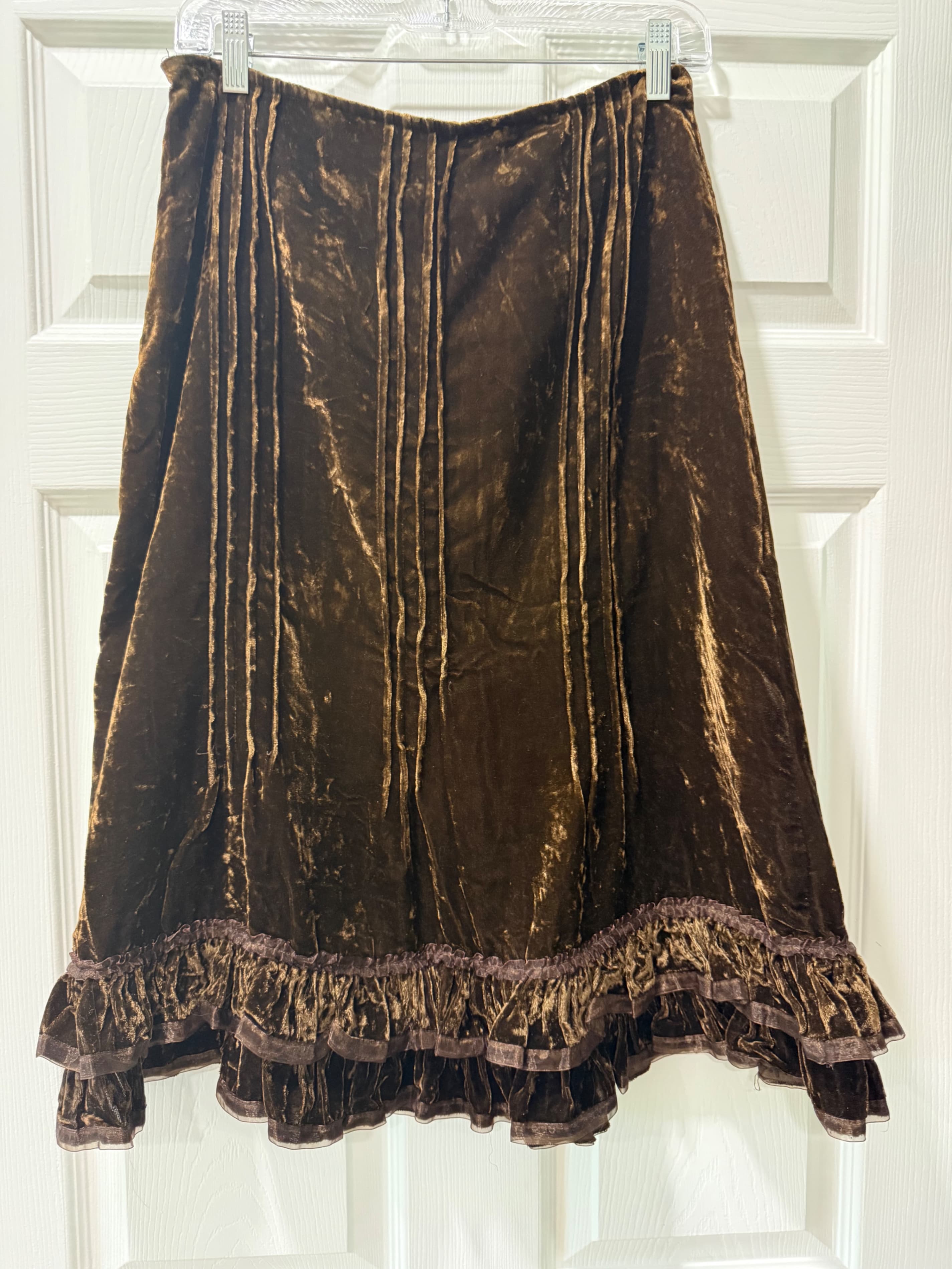 Carol Little Brown Velvet Skirt with Ruffled Hem - Thumbnail 2