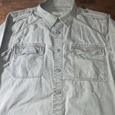 Thrashed Goth Men’s Button Up Long Sleeve Military Shirt Faded Army Green - Thumbnail 2