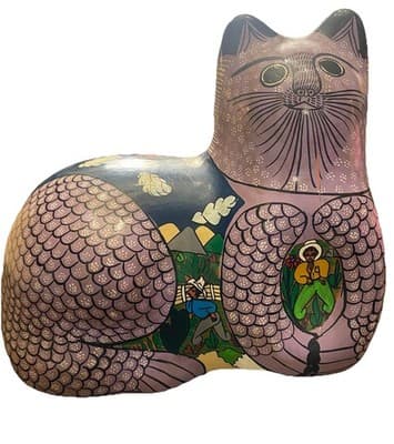 Large Vintage Mexico Tonalá Terracotta Cat Figurine Hand Painted Folk Art 9X8X4