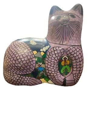 Large Vintage Mexico Tonalá Terracotta Cat Figurine Hand Painted Folk Art 9X8X4 - Thumbnail 8