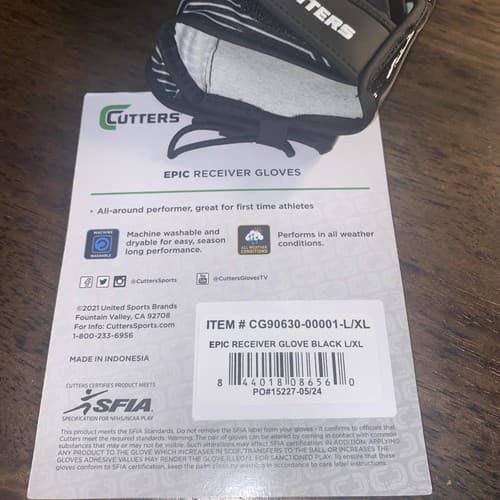 Cutters Epic Receiver Gloves Adult L/XL CG90630-00001 Sticky Grip Palm - Thumbnail 3