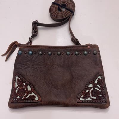 Double J Saddlery Leather Crossbody Bag Tooled Corners Turquoise Studs Western