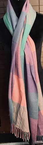 J Crew Scarf Shawl Wrap Pink Green Lavender Plaid Fringe 80x24 Soft 100% Acrylic - Thumbnail 2