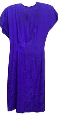Pat Argenti Silk Embossed Print Dress in DEEP PURPLE Sz6P Shoulder Pads 80s - Thumbnail 2