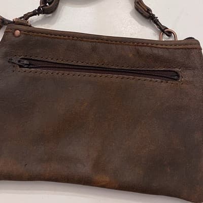 Double J Saddlery Leather Crossbody Bag Tooled Corners Turquoise Studs Western - Thumbnail 3