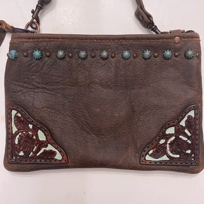 Double J Saddlery Leather Crossbody Bag Tooled Corners Turquoise Studs Western - Thumbnail 2