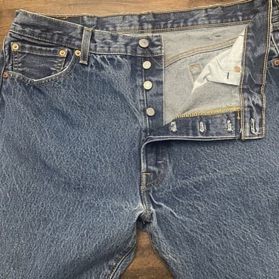 Levis Jeans Button Fly Blue 501 Jeans Mens Straight Leg Size 38x30 - Thumbnail 3