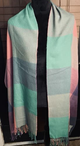 J Crew Scarf Shawl Wrap Pink Green Lavender Plaid Fringe 80x24 Soft 100% Acrylic - Thumbnail 3
