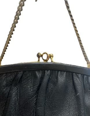Vintage Black Leather Kisslock evening Bag Metal Chain Handle Clutch - Thumbnail 3