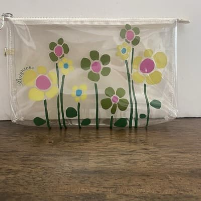 Brighton Clear Makeup Bag With Primitive Florals And Logo 10”" x 7”