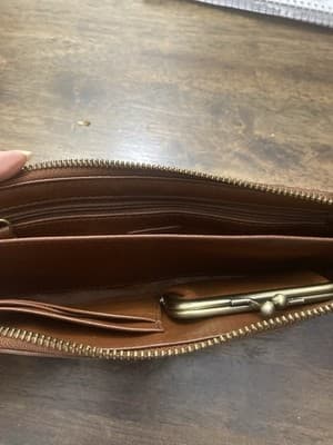 ColeHaan Woven Leather Wrap Around Zip Clutch Wallet Studded Basket Weave Cognac - Thumbnail 4