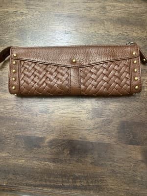 ColeHaan Woven Leather Wrap Around Zip Clutch Wallet Studded Basket Weave Cognac - Thumbnail 2