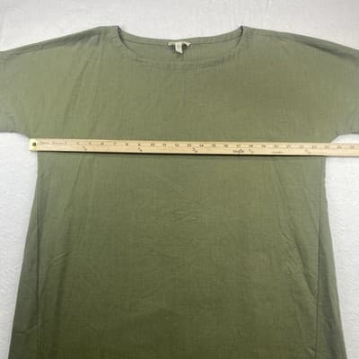 Eileen Fisher Linen Olive Green Lagenlook Minimalist Shift Dress - Thumbnail 2