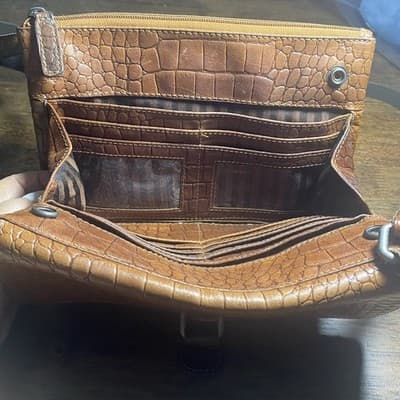 Genuine Embossed Leather Brown Crossbody Purse Bag Classic Boho Hippie - Thumbnail 7
