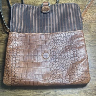 Genuine Embossed Leather Brown Crossbody Purse Bag Classic Boho Hippie - Thumbnail 5