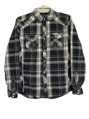 Red Snap Western Wear Men's Shirt Pearl Snaps M Cotton Black &Gray Plaid - Thumbnail 2