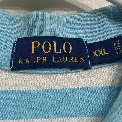 Ralph Lauren Striped Polo Shirt XXL Blue White Classic Fit Cotton Orange Pony - Thumbnail 3