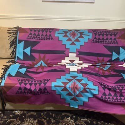 Two 2 Fly Aztec Southwestern Fringed Blanket Reversible Serape Western Boho - Thumbnail 2