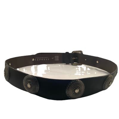 Express Black Leather Belt With Silver Toned Conches Sz Large 37”made In Italy - Thumbnail 2