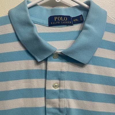 Ralph Lauren Striped Polo Shirt XXL Blue White Classic Fit Cotton Orange Pony - Thumbnail 2