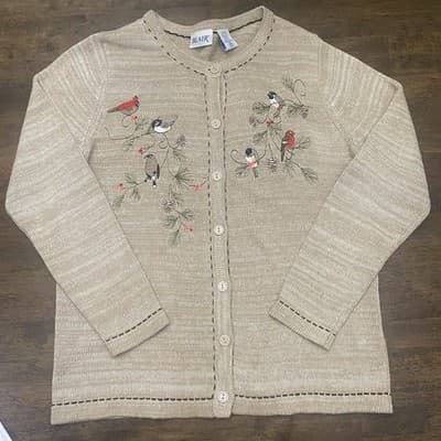 Blair CozyCotton Ramie Cardigan Christmas Cardinal Embroidered Ladies Med - Thumbnail 2