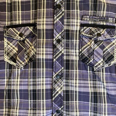 Mens Buckle Black Purple Plaid Snap Shirt Purple Black XL Front Pockets - Thumbnail 2