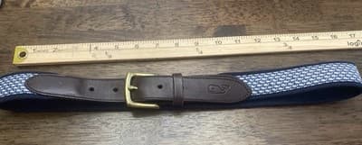 Vineyard Vines Mens Brown Leather Belt Blue Whale Silk Inlay Brass Buckle