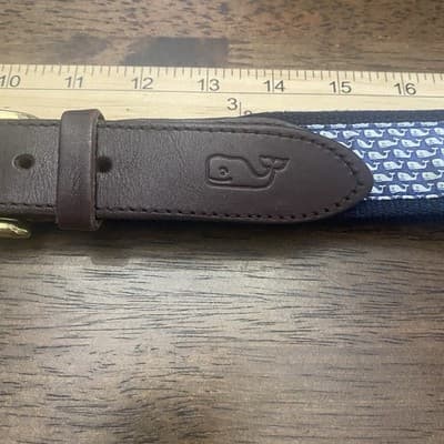 Vineyard Vines Mens Brown Leather Belt Blue Whale Silk Inlay Brass Buckle - Thumbnail 2