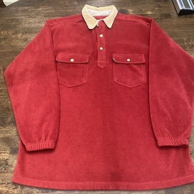 Vtg Orvis Men's Fleece Quarter Button Pullover Red Large Front Chest Pockets