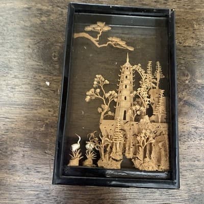 Vintage Chinese 3D Cork Picture Framed Original 6x4x2