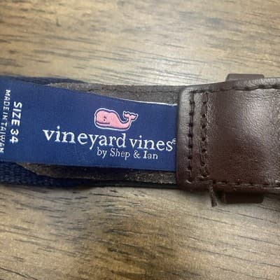 Vineyard Vines Mens Brown Leather Belt Blue Whale Silk Inlay Brass Buckle - Thumbnail 5