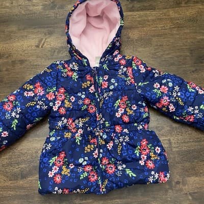 Little Me Girls 4T Floral Puffer Jacket Pink Fleece Lined Hooded Winter Coat