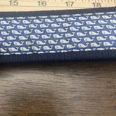 Vineyard Vines Mens Brown Leather Belt Blue Whale Silk Inlay Brass Buckle - Thumbnail 4