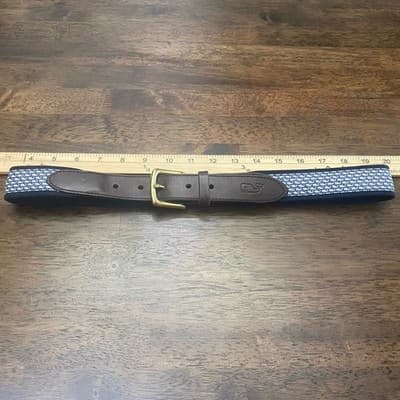 Vineyard Vines Mens Brown Leather Belt Blue Whale Silk Inlay Brass Buckle - Thumbnail 3