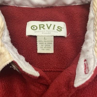Vtg Orvis Men's Fleece Quarter Button Pullover Red Large Front Chest Pockets - Thumbnail 7