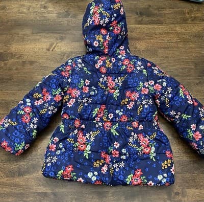 Little Me Girls 4T Floral Puffer Jacket Pink Fleece Lined Hooded Winter Coat - Thumbnail 2