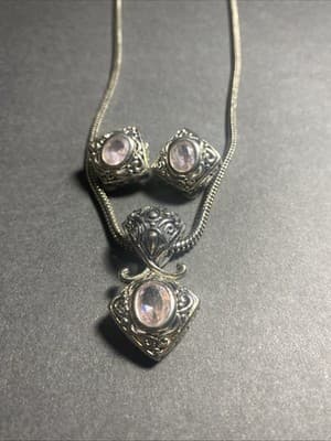 Vintage Necklace Pink Stone Matching Clip On Earrings Victorian Inspired