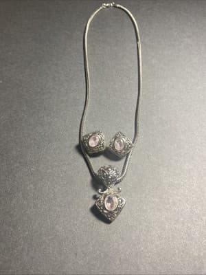 Vintage Necklace Pink Stone Matching Clip On Earrings Victorian Inspired - Thumbnail 2
