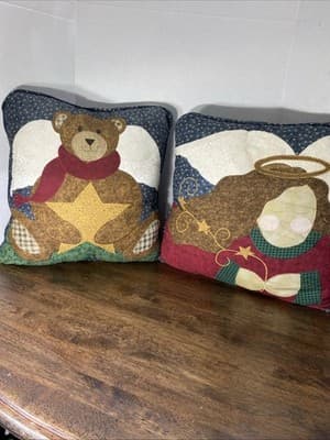 Folk Art Christmas Pillows Teddy Bear Holding A Star & An Angel Lot Of 2