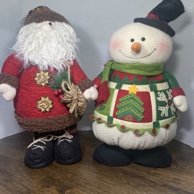 Vintage Folk Art Santa 20” & Snowman 16” Christmas Holiday Decor Plush