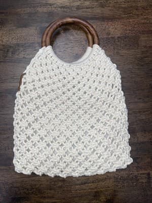 IvoryMacrame Satchel Purse Bag Wooden Handles Boho Crossbody Hippie Retro 70s