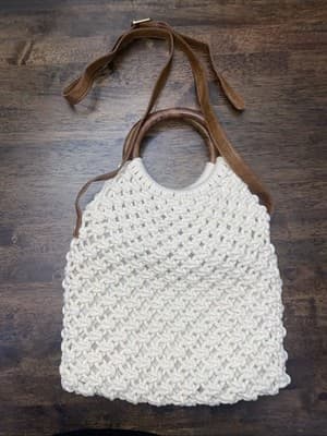 IvoryMacrame Satchel Purse Bag Wooden Handles Boho Crossbody Hippie Retro 70s - Thumbnail 3
